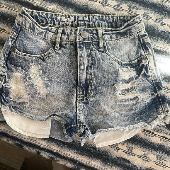 MOSSIMO DISTRESSED, high rise, jeans shorts, size 1 juniors - Picture 1 of 3